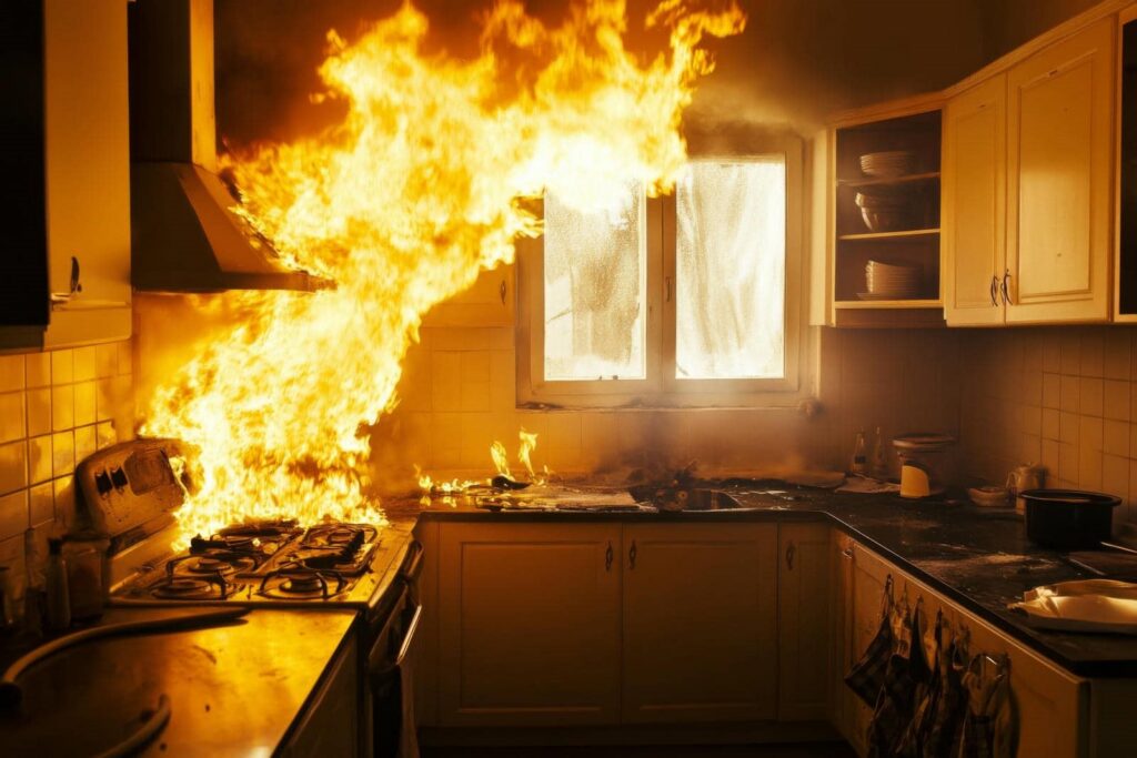 Kitchen stove engulfed in large flames with fire spreading to the countertop and cabinets.