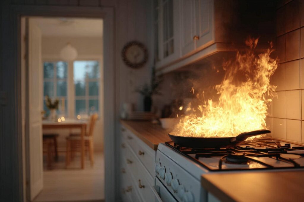 Flames erupting from a frying pan on a gas stove in a kitchen.
