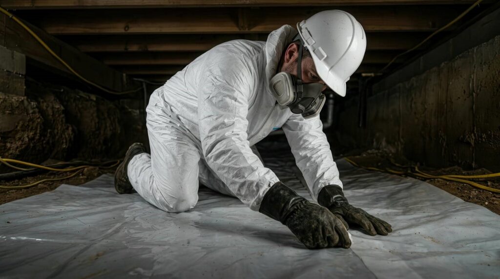 Worker in protective suit and mask kneeling on plastic sheet in crawl space.