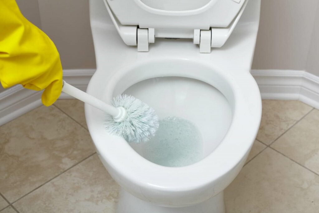 Hand in yellow glove scrubbing a white toilet bowl with a brush.