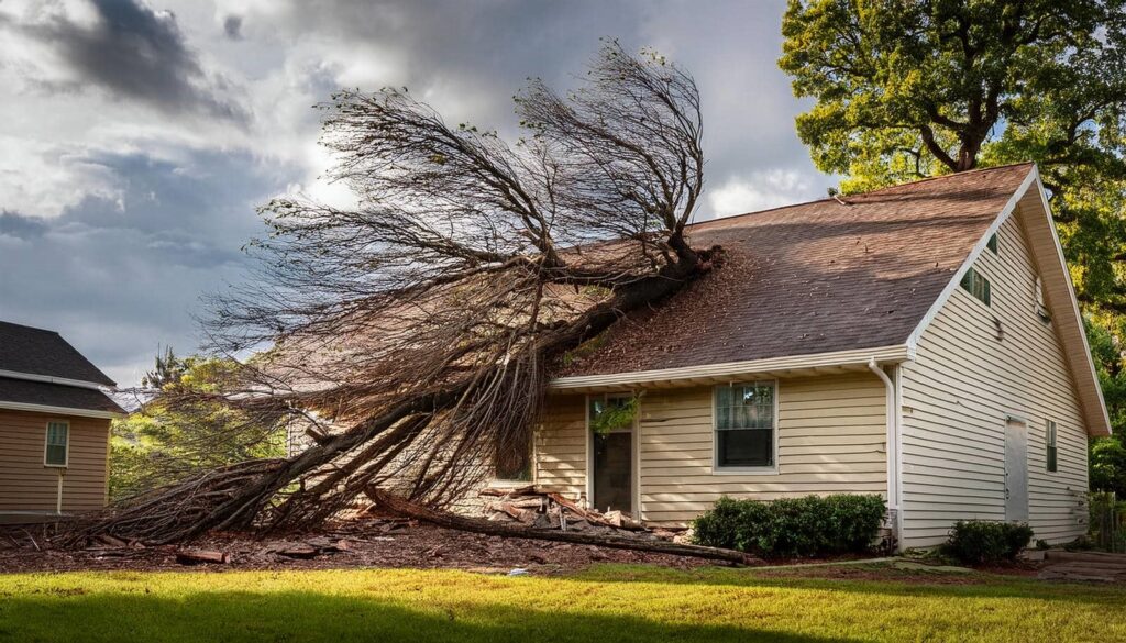 Large fallen tree resting on the roof of a beige house with green grass in the foreground.