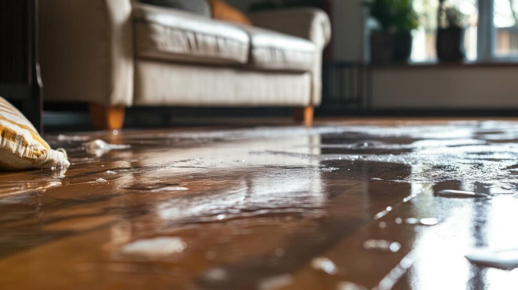Water spilled on a wooden floor in front of a beige sofa and a striped pillow.