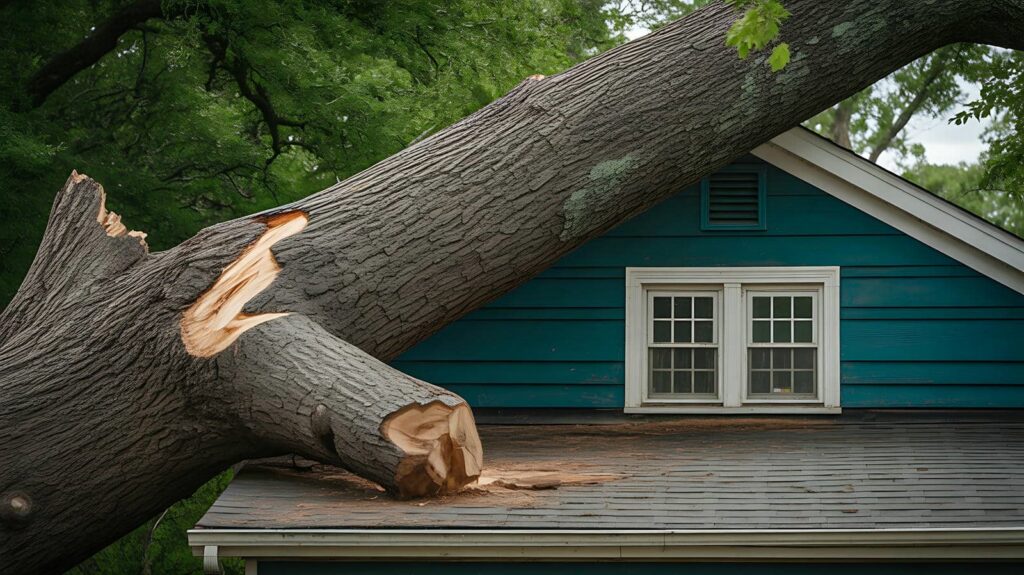 Large broken tree trunk fallen across the roof of a blue house near a window.