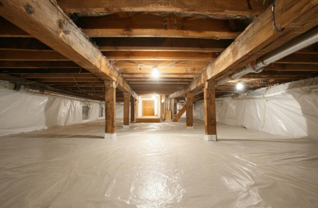 A clean basement with wooden beams and plastic-covered floor and walls.
