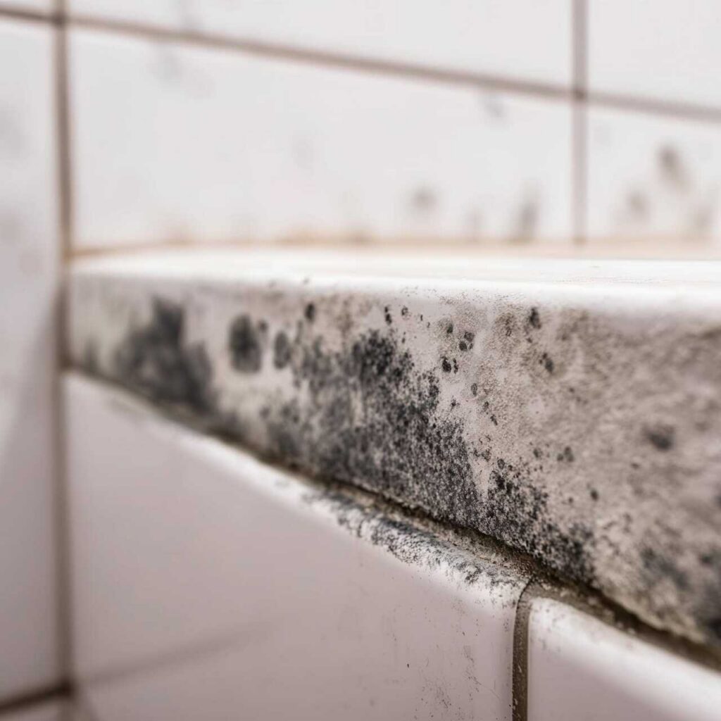 Black mold growing on the edge of a tiled surface in a bathroom or kitchen.