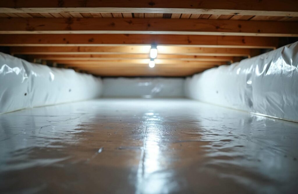 Low view of a clean, insulated crawl space with wooden beams and a light bulb overhead.