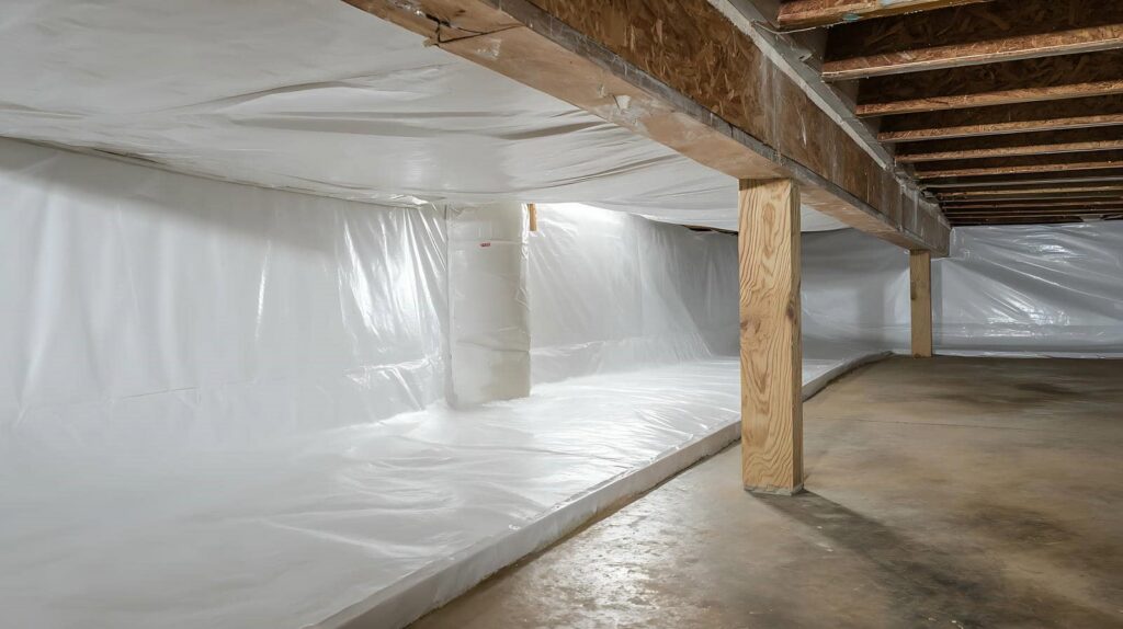 Crawl space with white plastic vapor barrier covering walls and floor, supported by wooden beams.