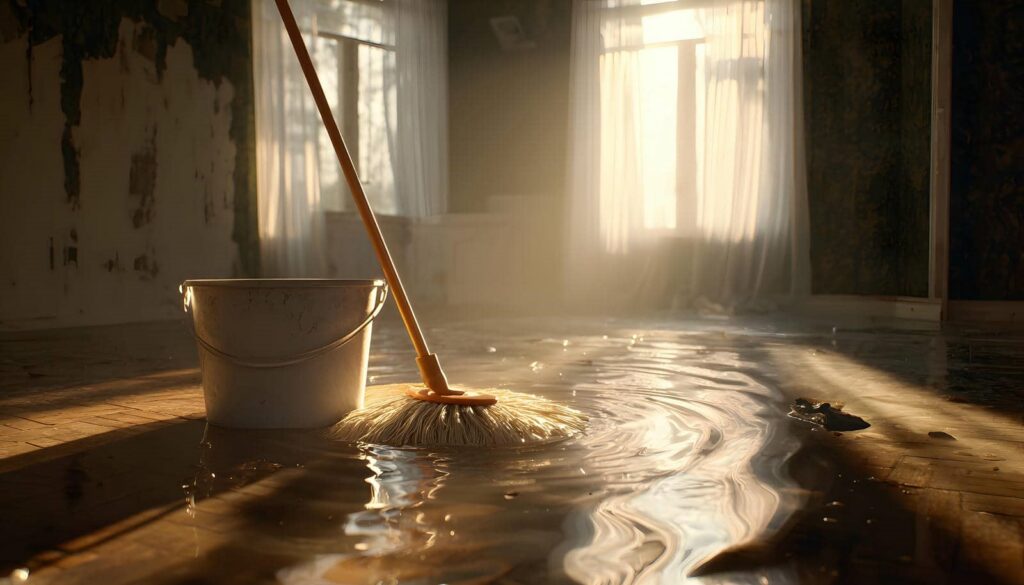 Mop and bucket on a wet floor in a dimly lit room with sunlight streaming through windows.