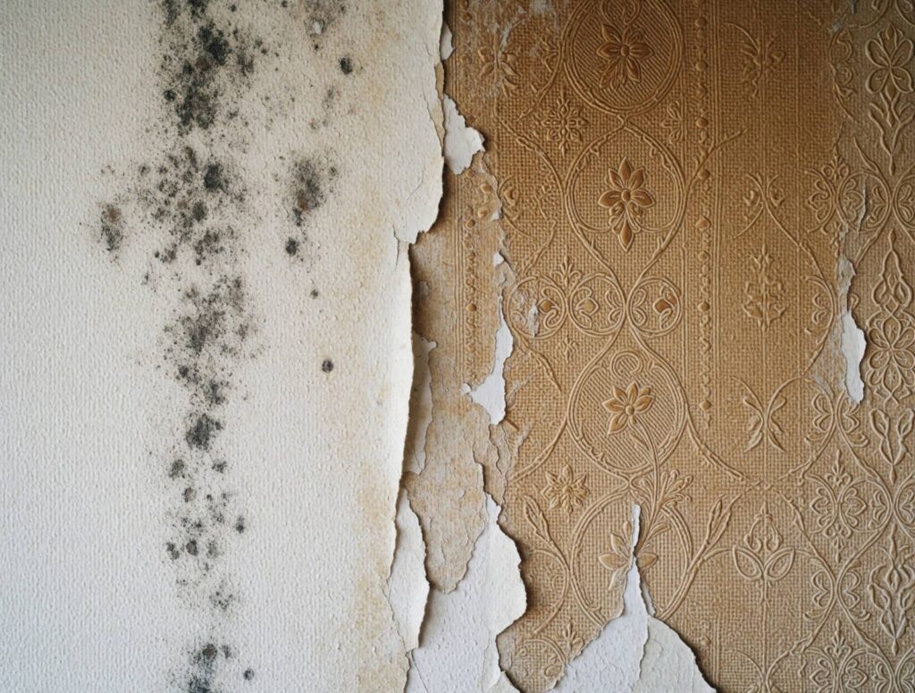 Peeling wallpaper with black mold stains.