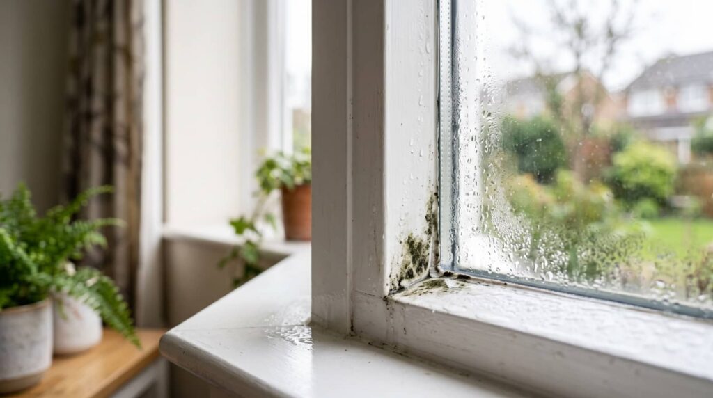 Mold and condensation on a wet window frame.