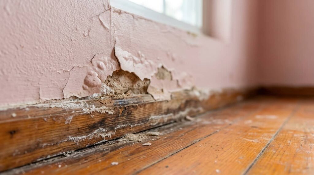 Peeling wall paint and rotted baseboard near a wooden floor.