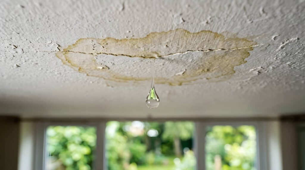Water leaking from a stained ceiling.