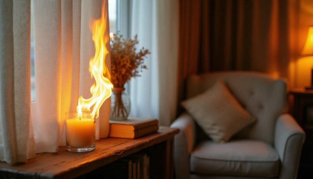 A candle on a wooden windowsill with a tall flame near a curtain and a cozy armchair in the background.