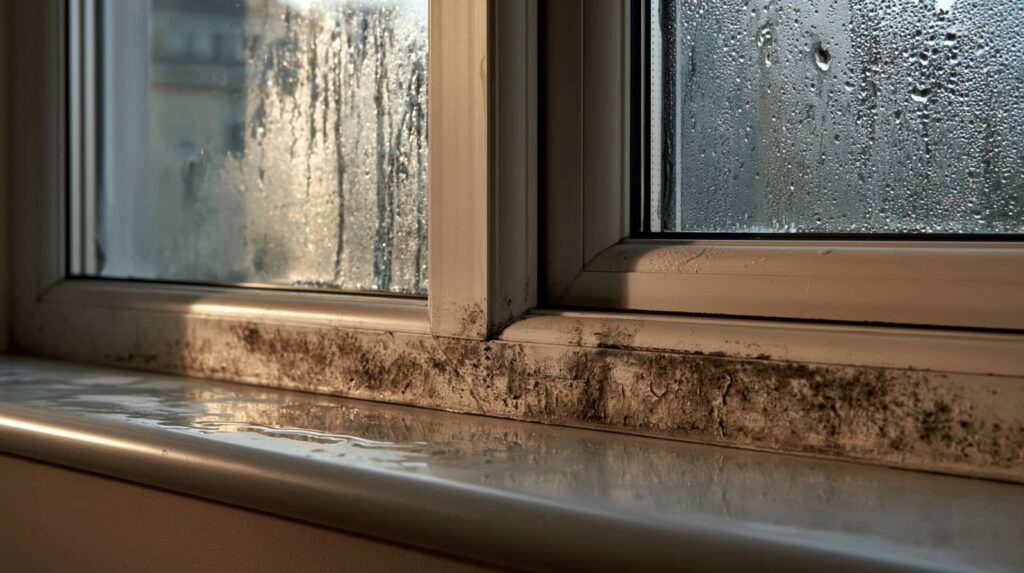 Mold and condensation on a window sill.