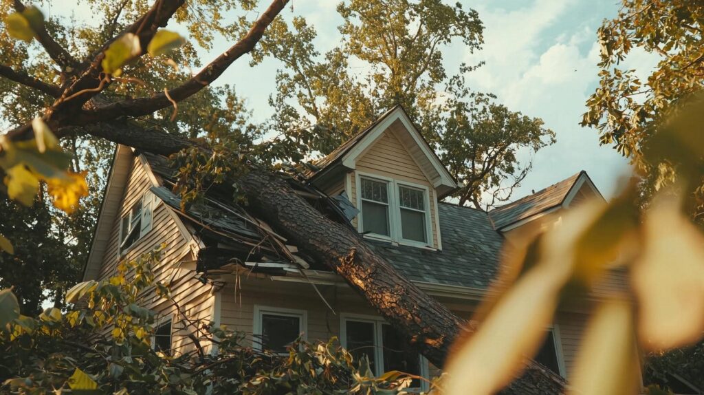Large tree fallen on the roof of a two-story house surrounded by trees.
