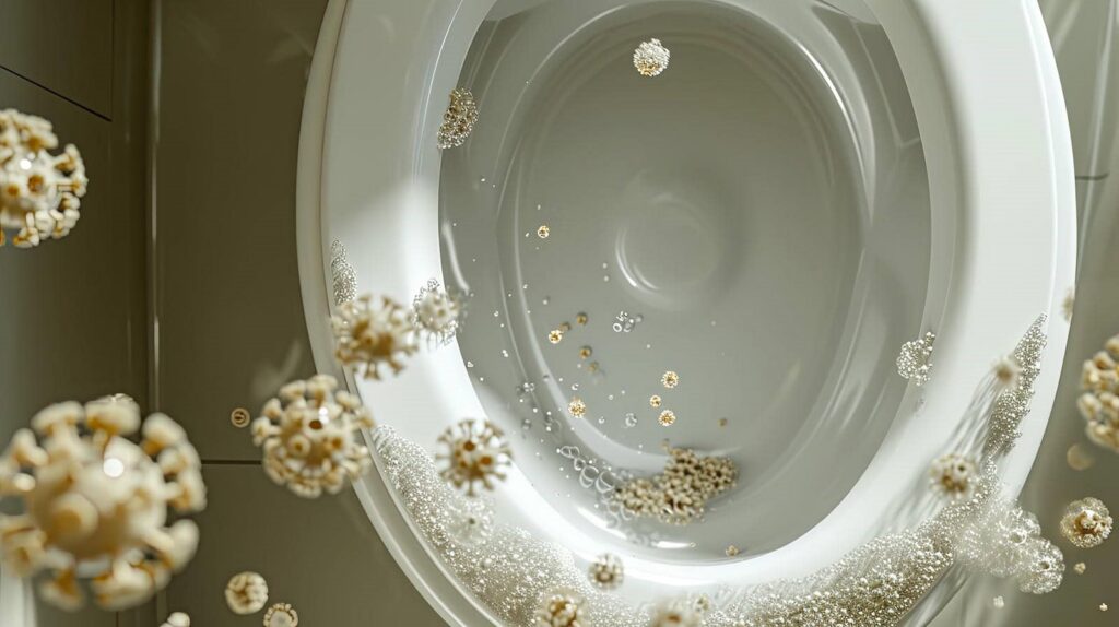Close-up of a toilet bowl with floating virus-like particles and bubbles inside.
