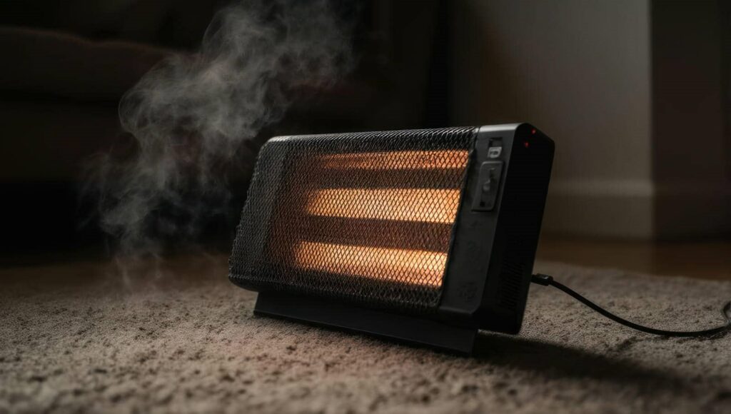 Electric space heater glowing on carpet with visible steam or smoke rising nearby.